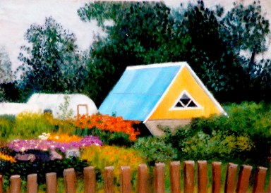 A yellow house with a blue roof, sitting in a garden